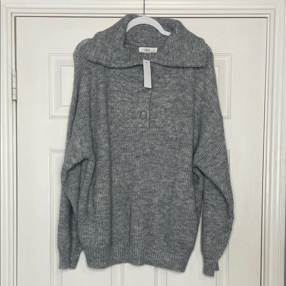 Talulah Cozy Gray Collared Button Pullover Sweater NWT Large Chunky Knit